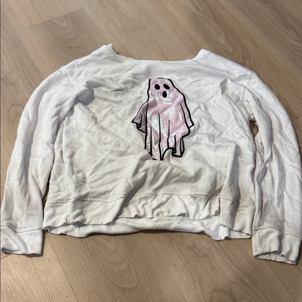 White Sweatshirt with Pink Ghost Design